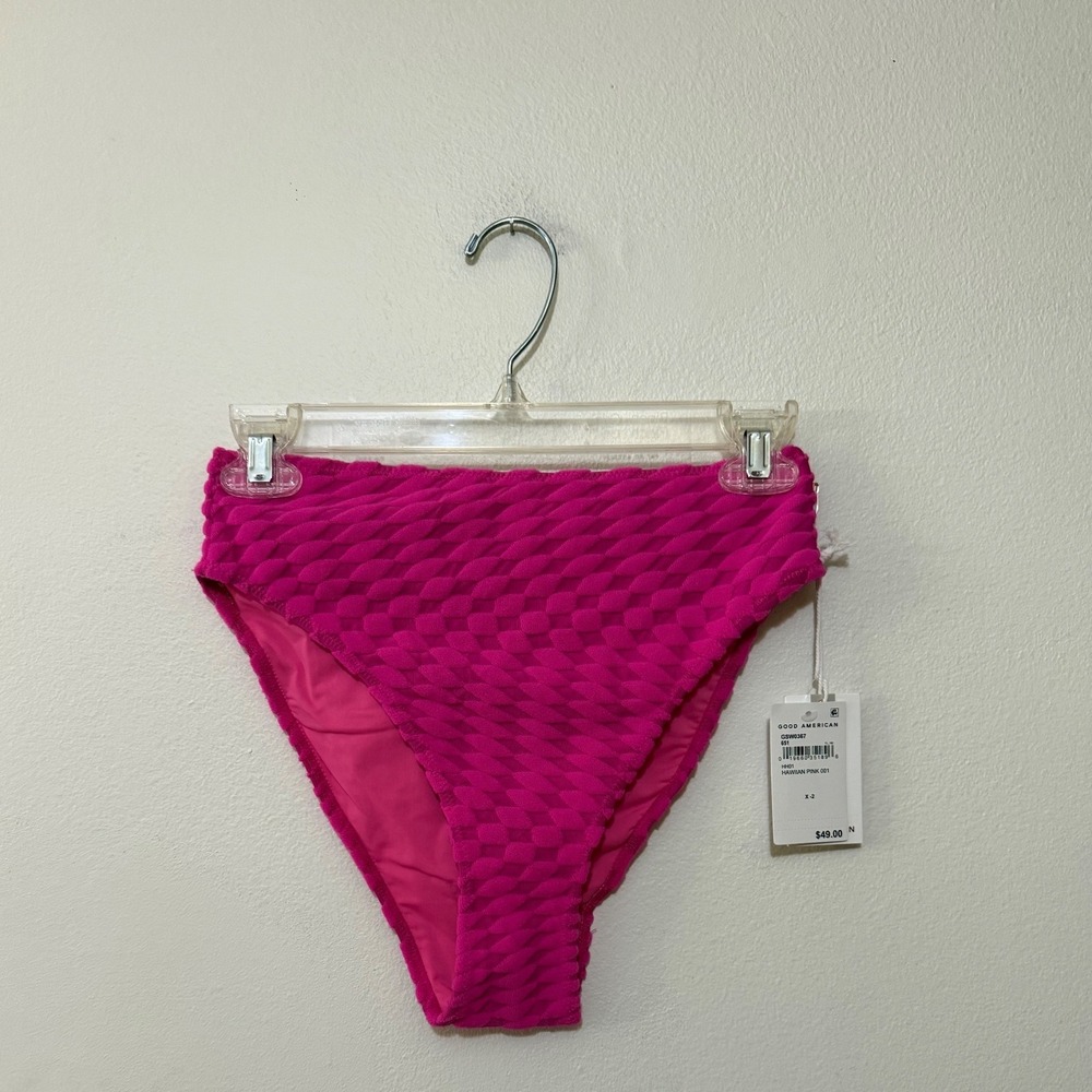 Good American Jacquard Wave HR Cheeky Bikini Bottom Sz 2/M Hawaiian Pink NWT
